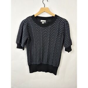 Evereve Womens Black Grey Chevron Puff Short Sleeve Cotton Knit Sweater XS